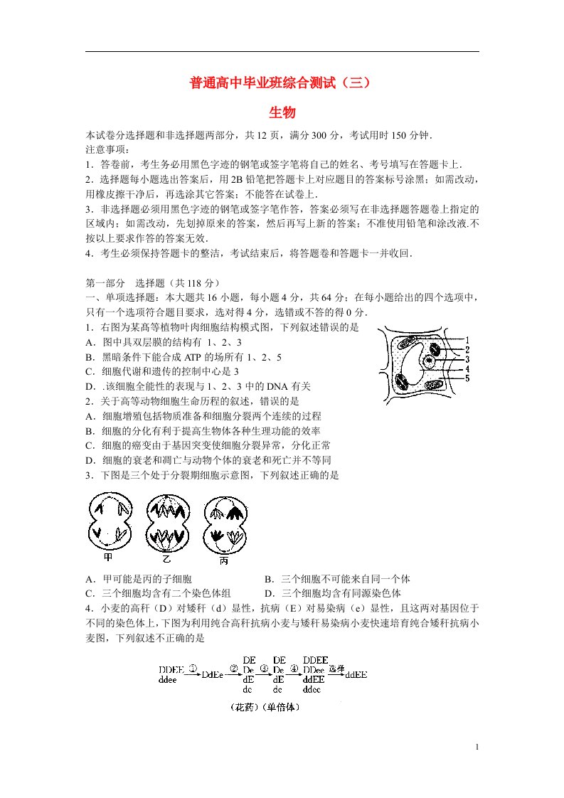 广东省广雅中学高三生物毕业班综合测试试题（三）新人教版