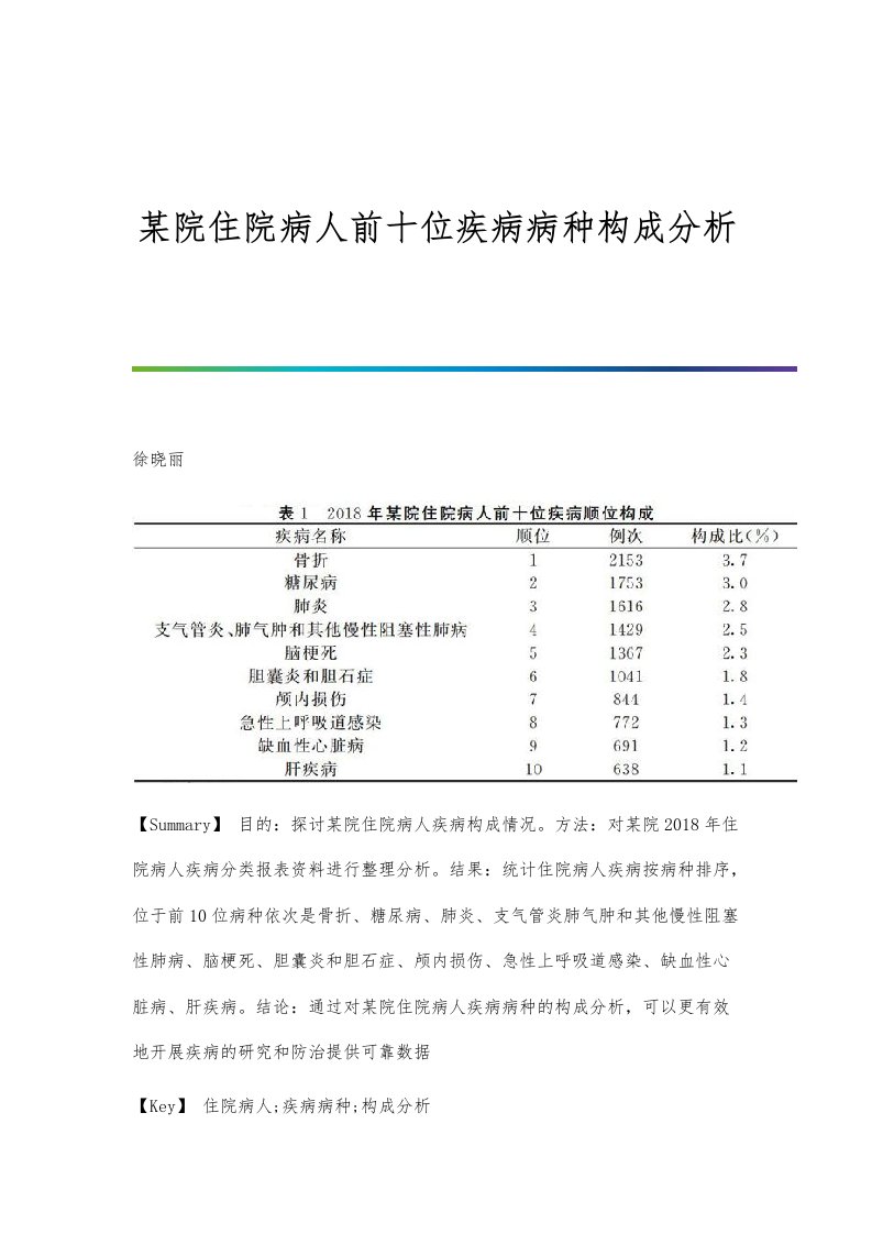 某院住院病人前十位疾病病种构成分析