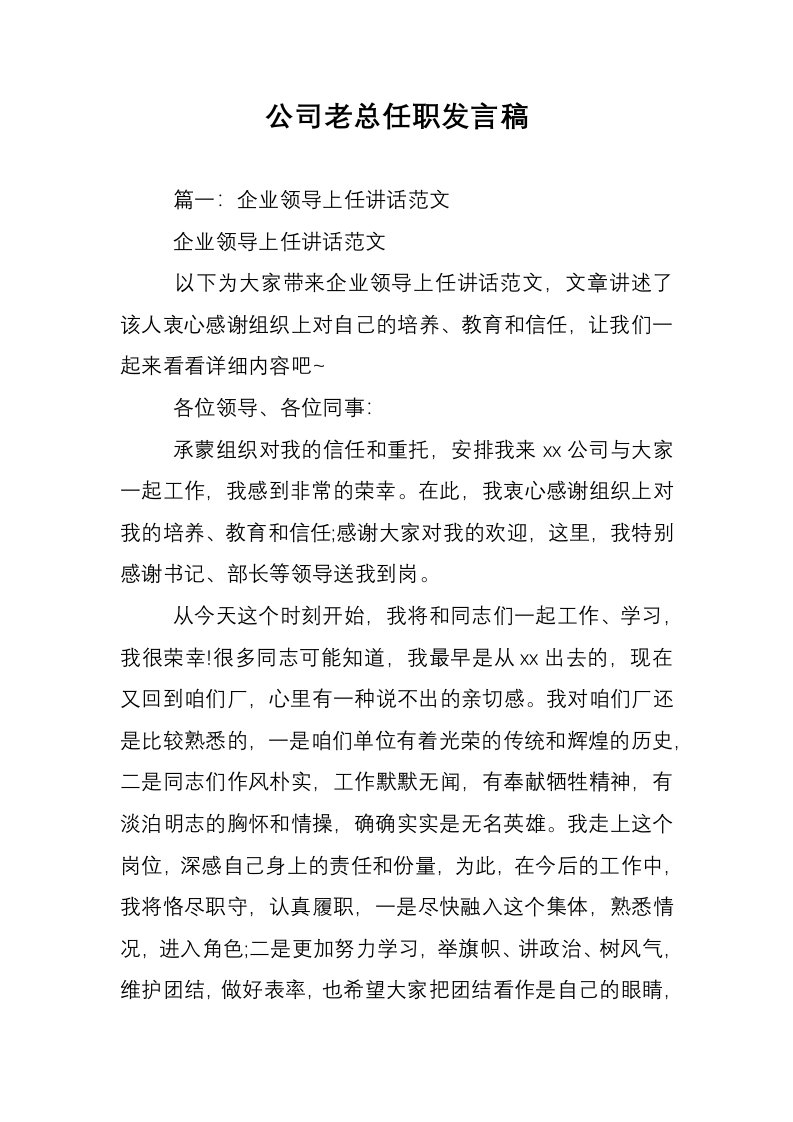 公司老总任职发言稿