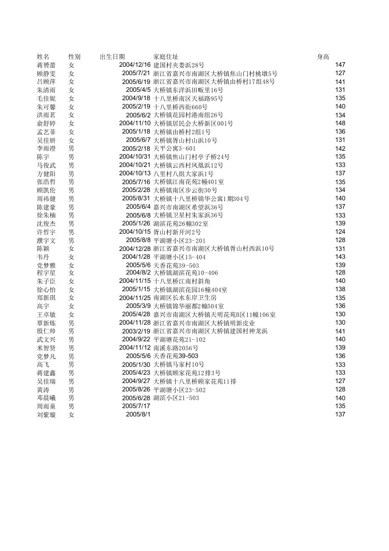 小学体测模版