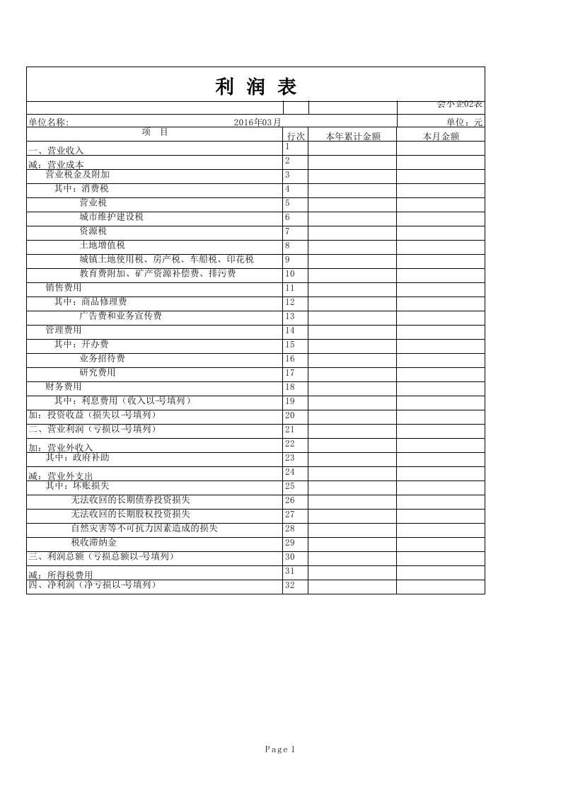 利润表空白表格