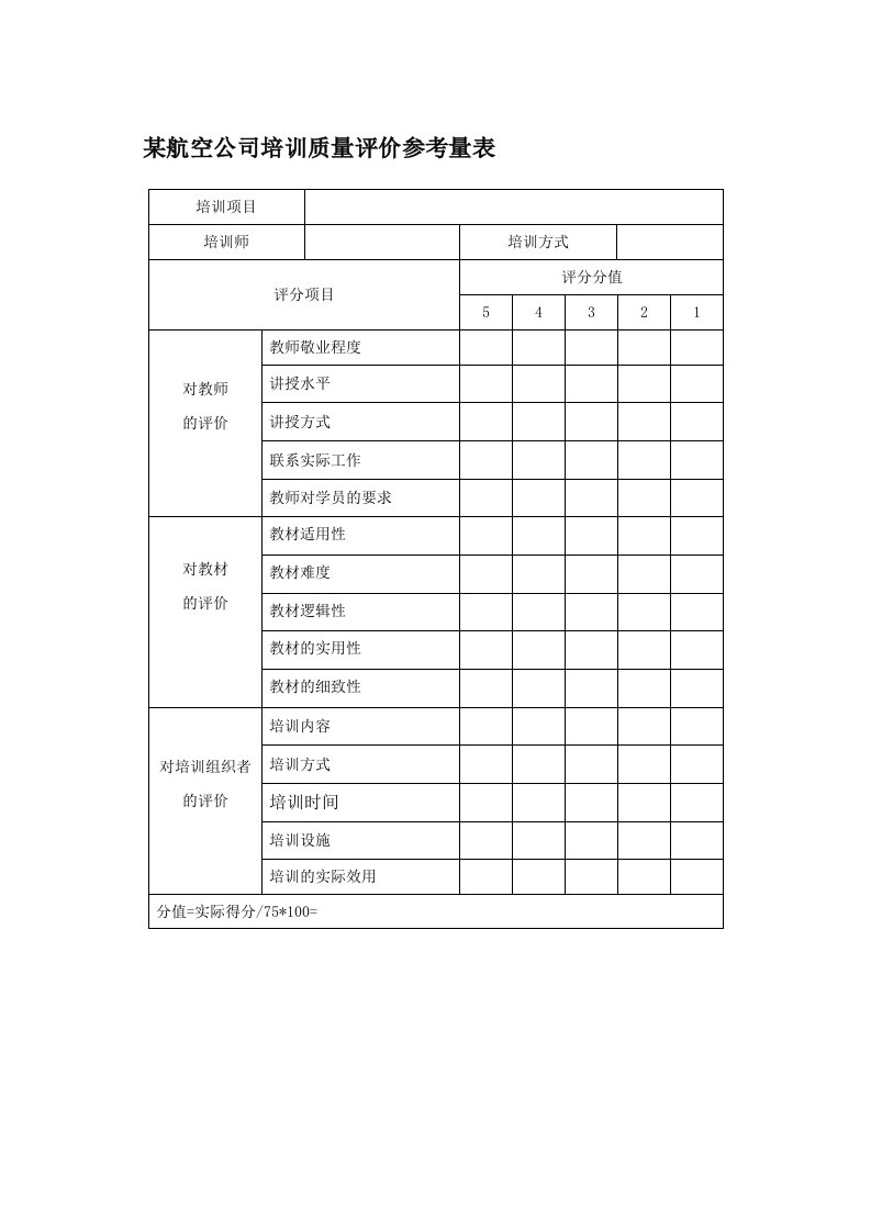 航空公司培训质量评价参考量表