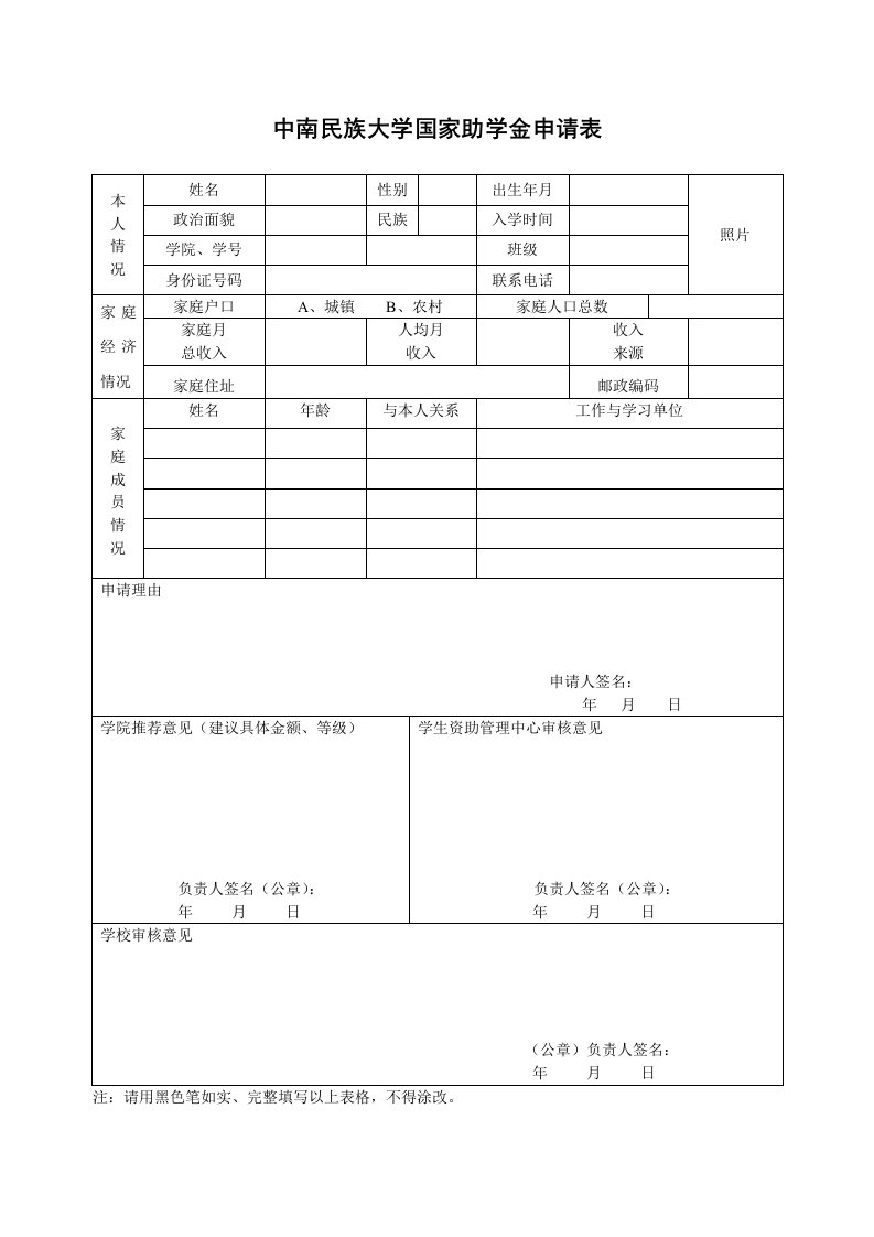 中南民族大学国家助学金申请表