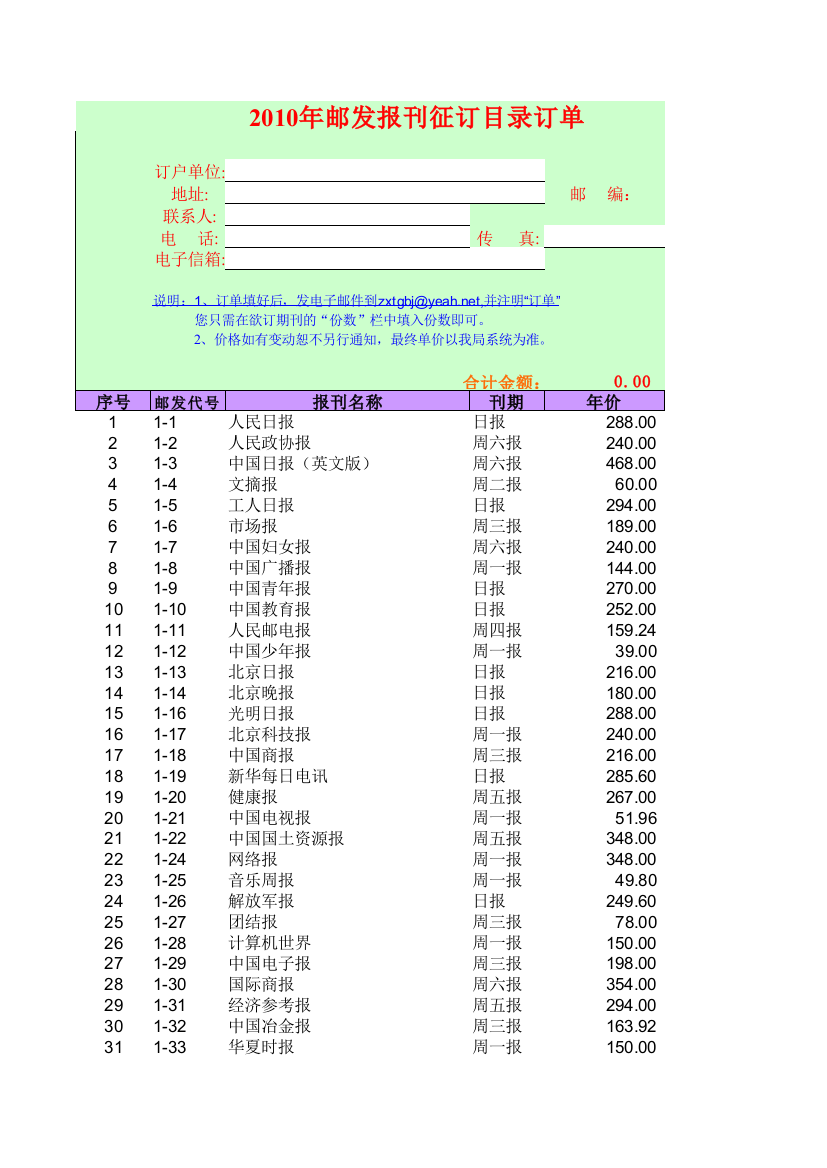 2010年邮发报刊征订目录订单