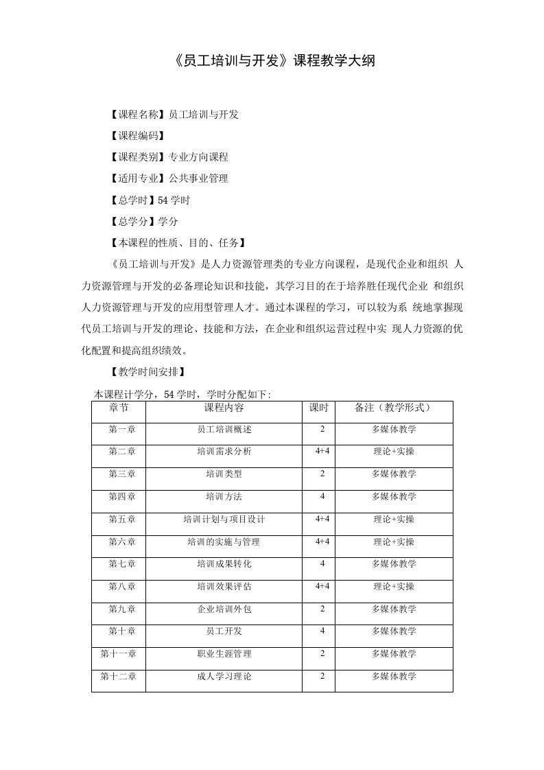 员工培训与开发教学大纲明细