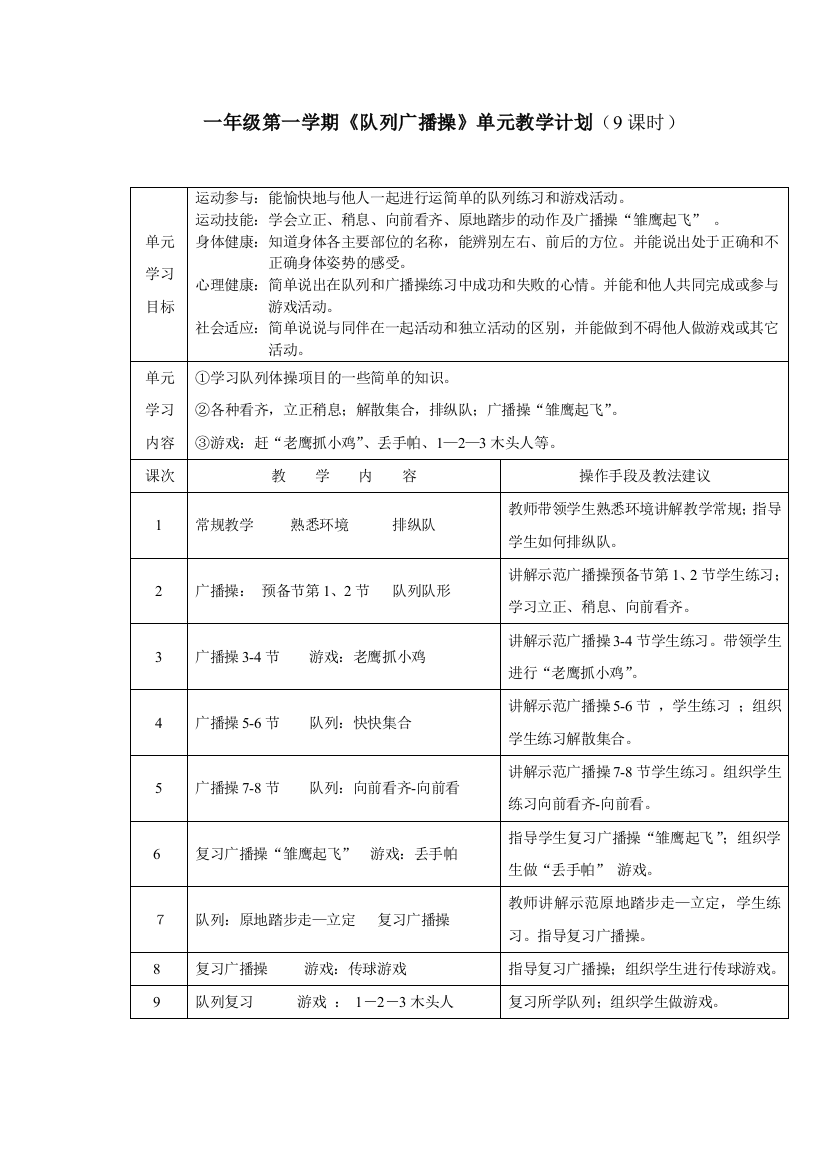 小学体育一年级第一学期《队列广播操》单元教学计划