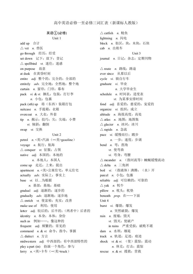 高中英语1(必修)～英语3(必修)词汇表(新课标人教版)