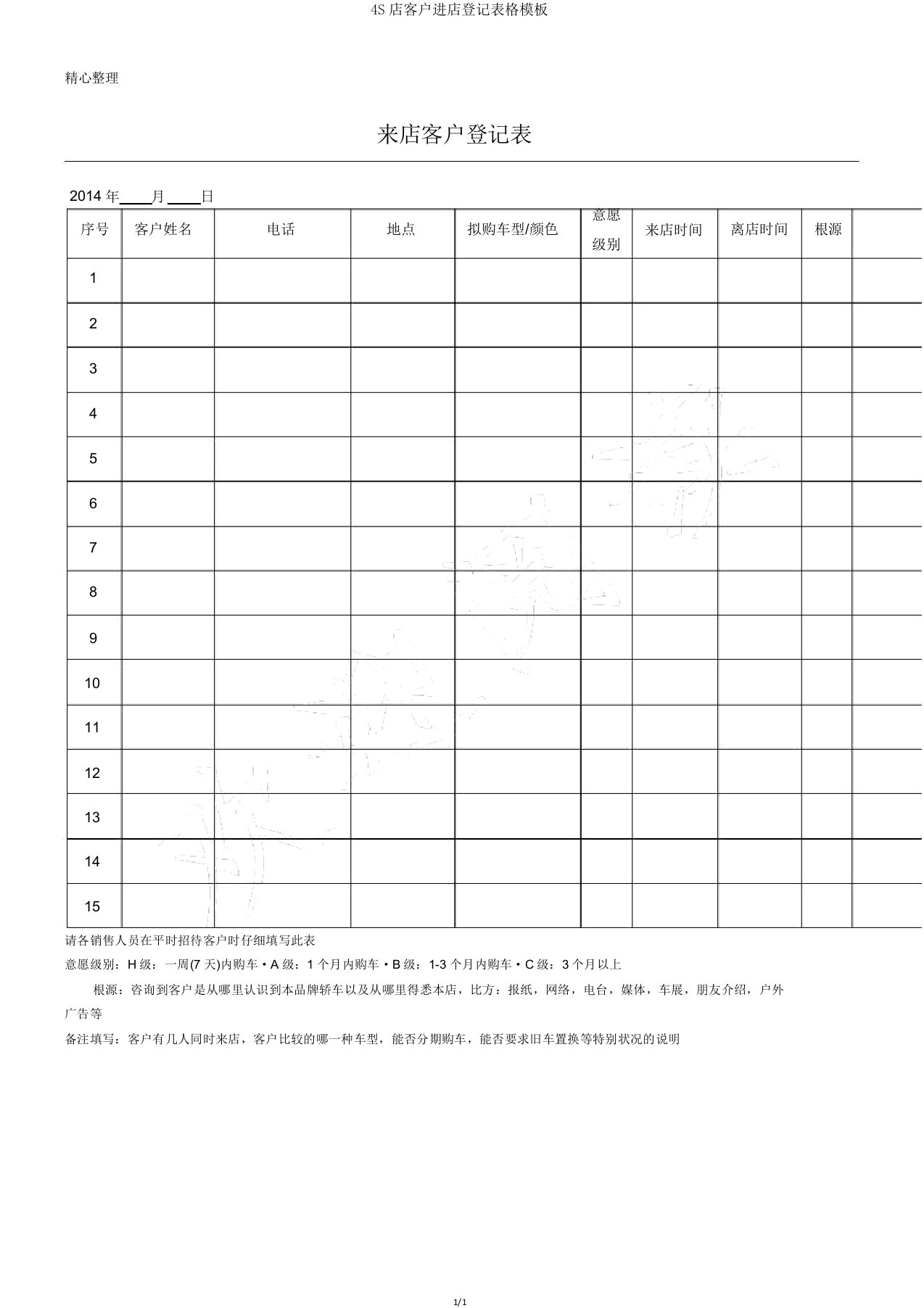 4S店客户进店登记表格模板