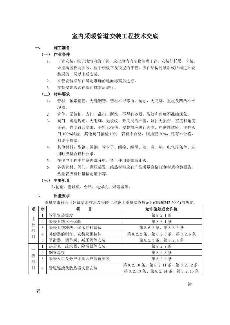 室内采暖管道安装工程技术交底