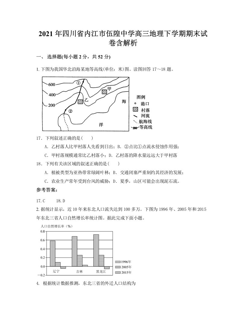 2021年四川省内江市伍隍中学高三地理下学期期末试卷含解析