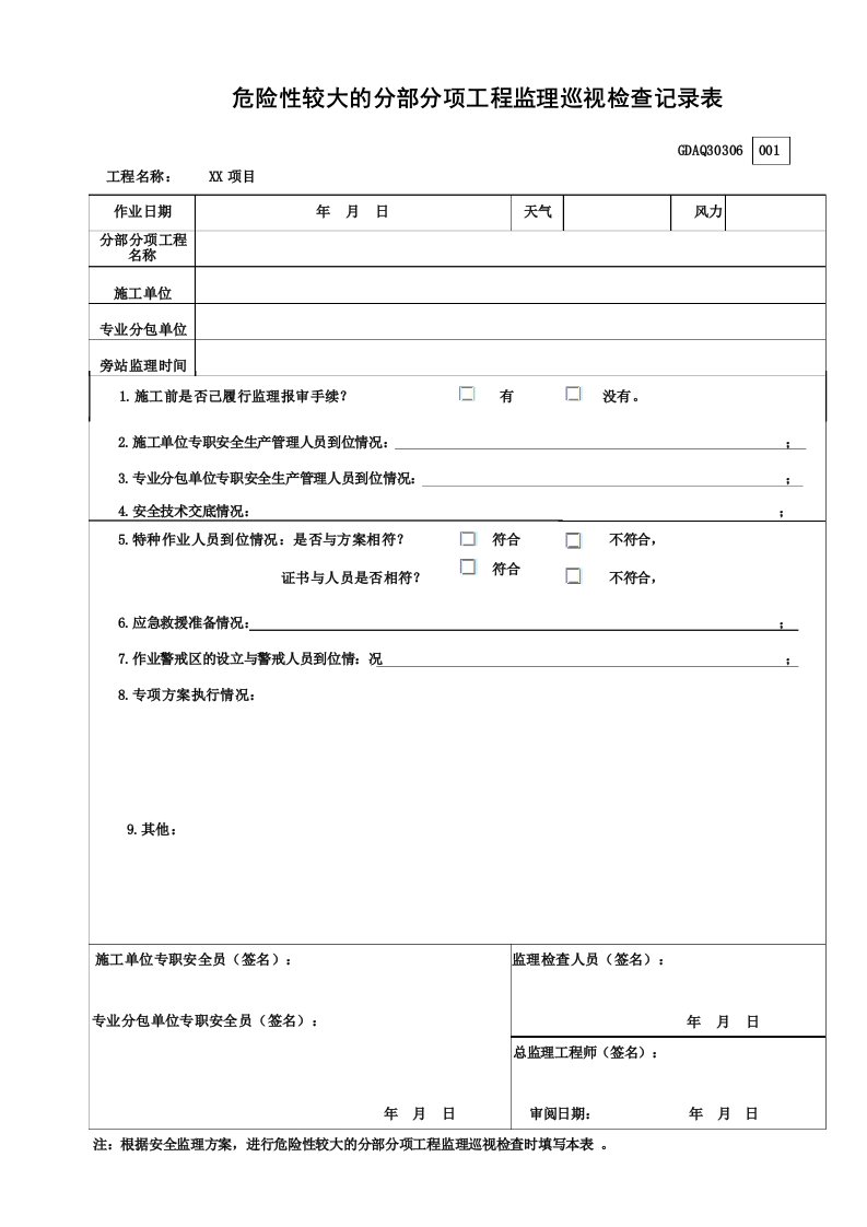 危险性较大的分部分项工程监理巡视检查记录表GDAQ30306