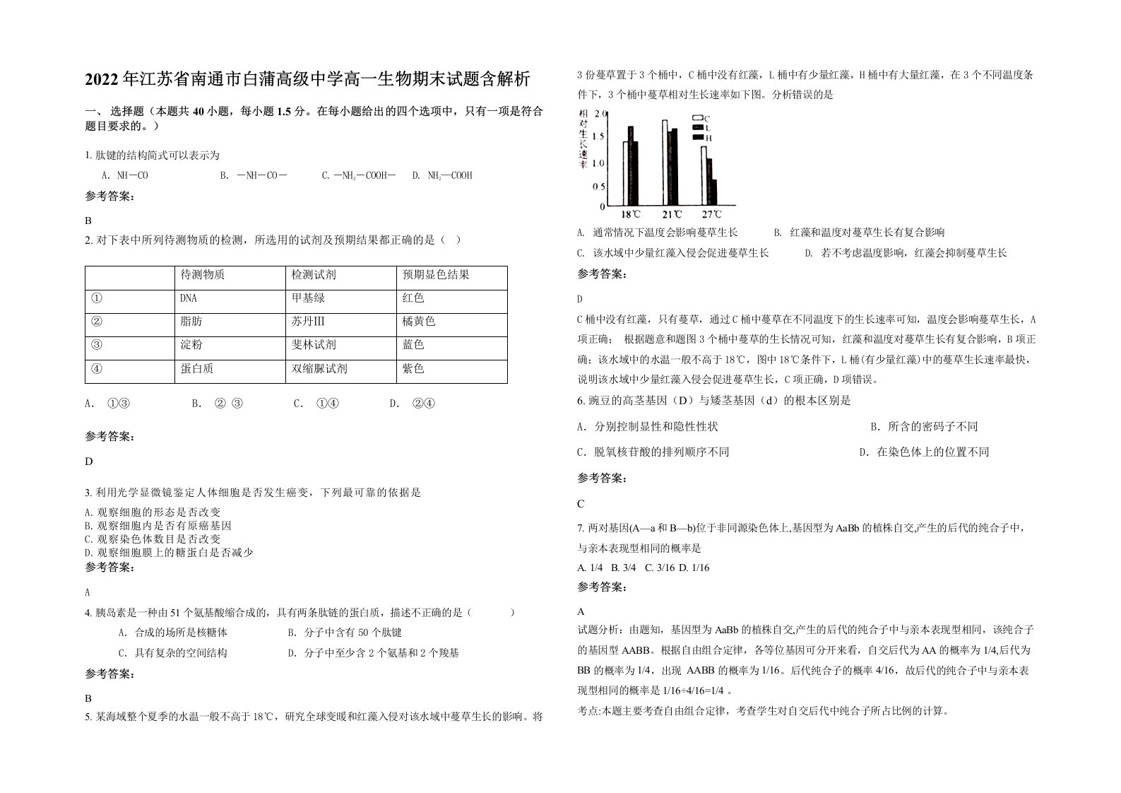 2022年江苏省南通市白蒲高级中学高一生物期末试题含解析