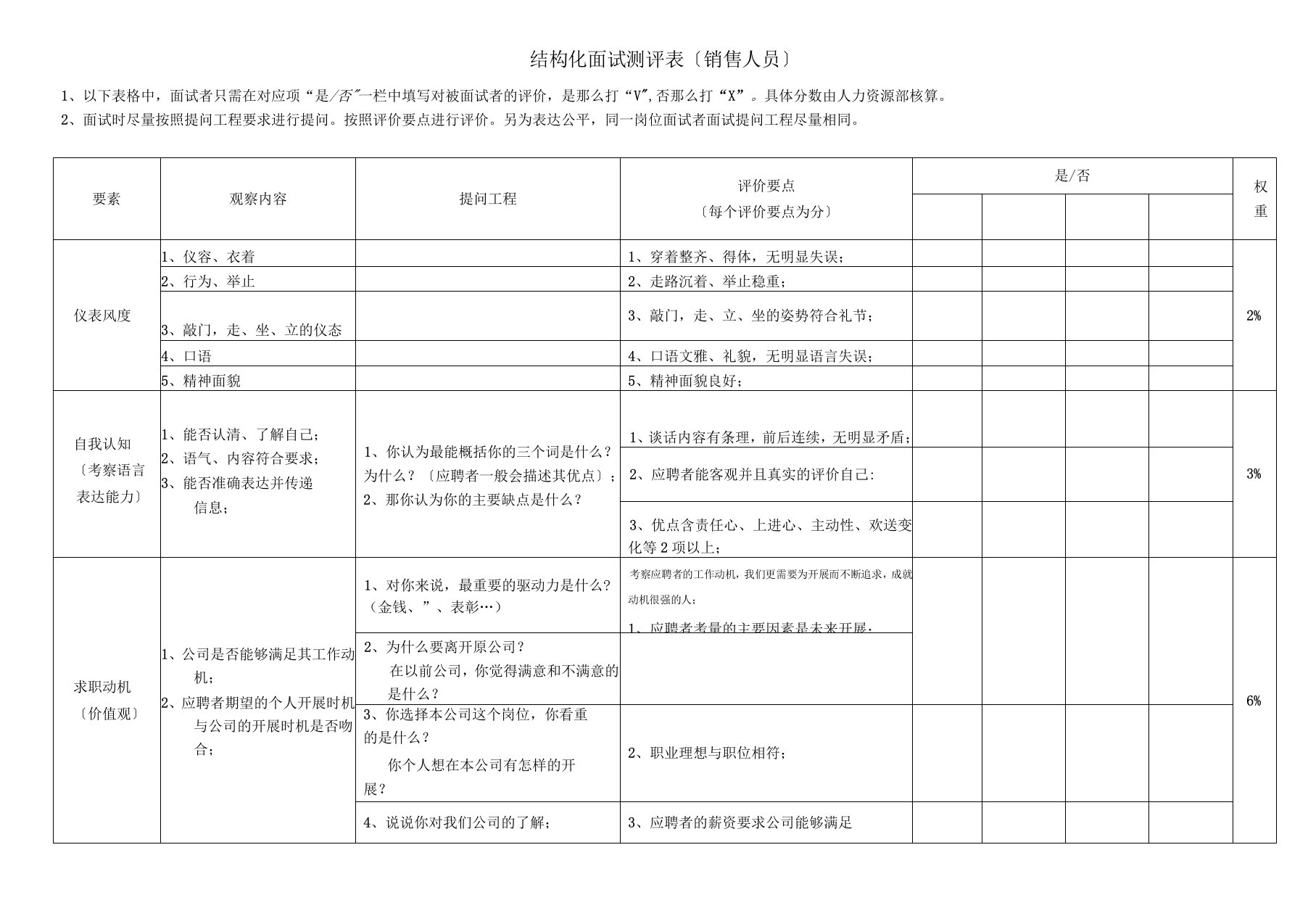 结构化面试表