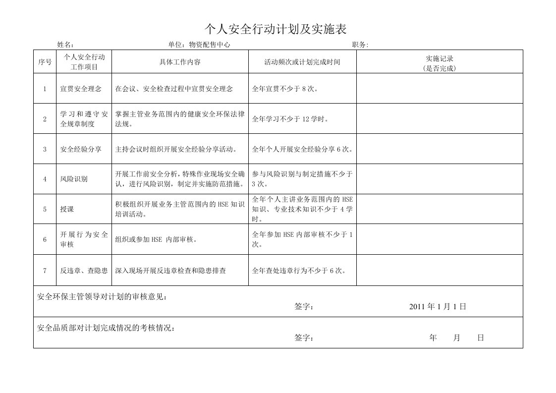 个人安全行动计划及实施表