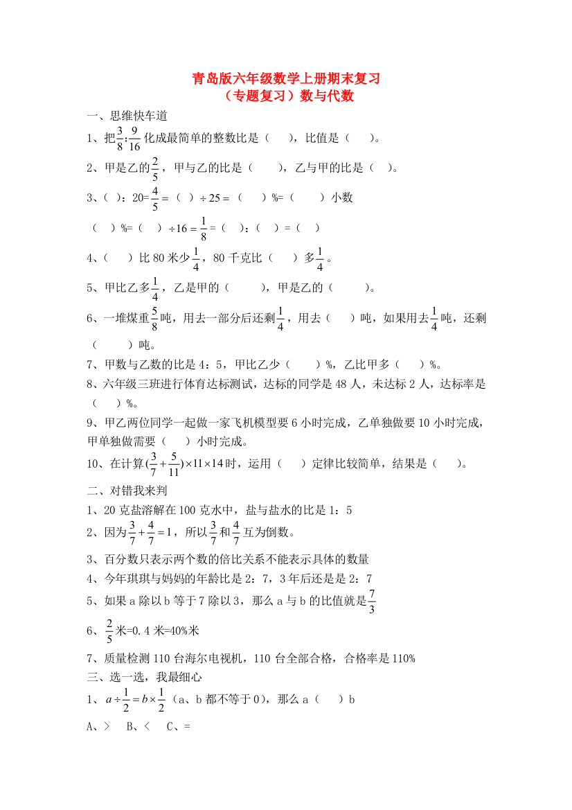 六年级数学上学期期末专题复习（无答案）