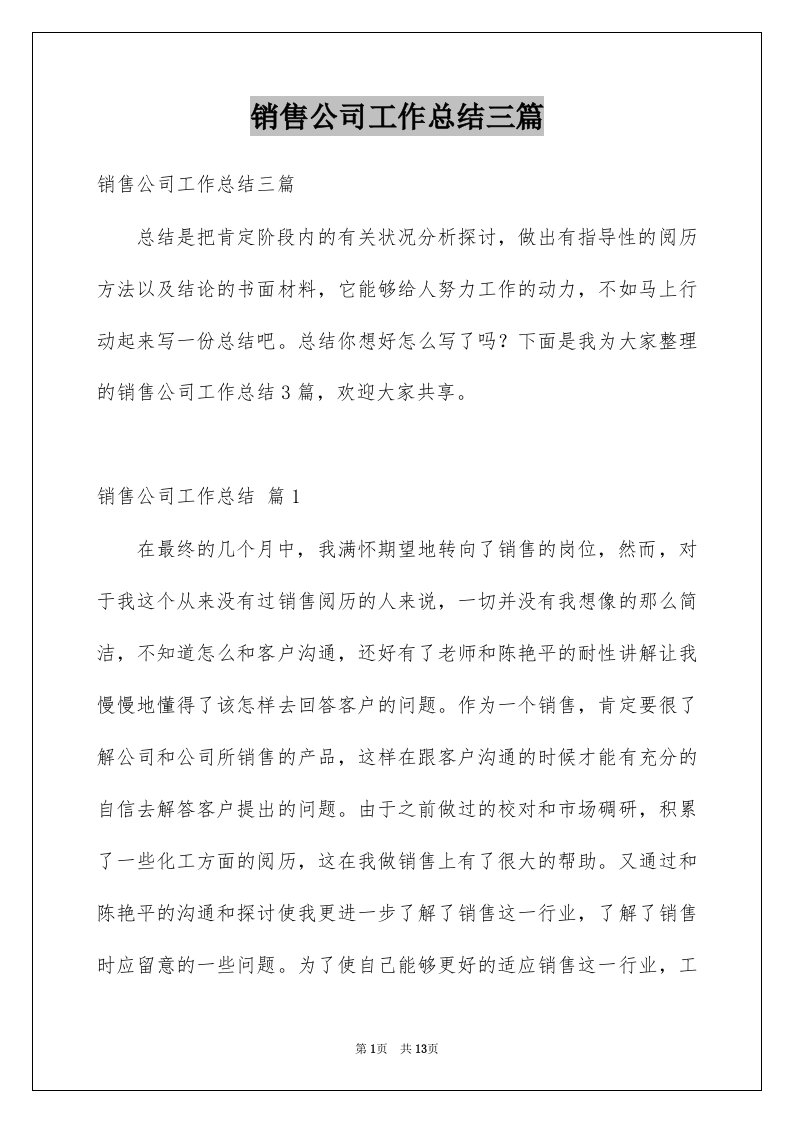 销售公司工作总结三篇例文