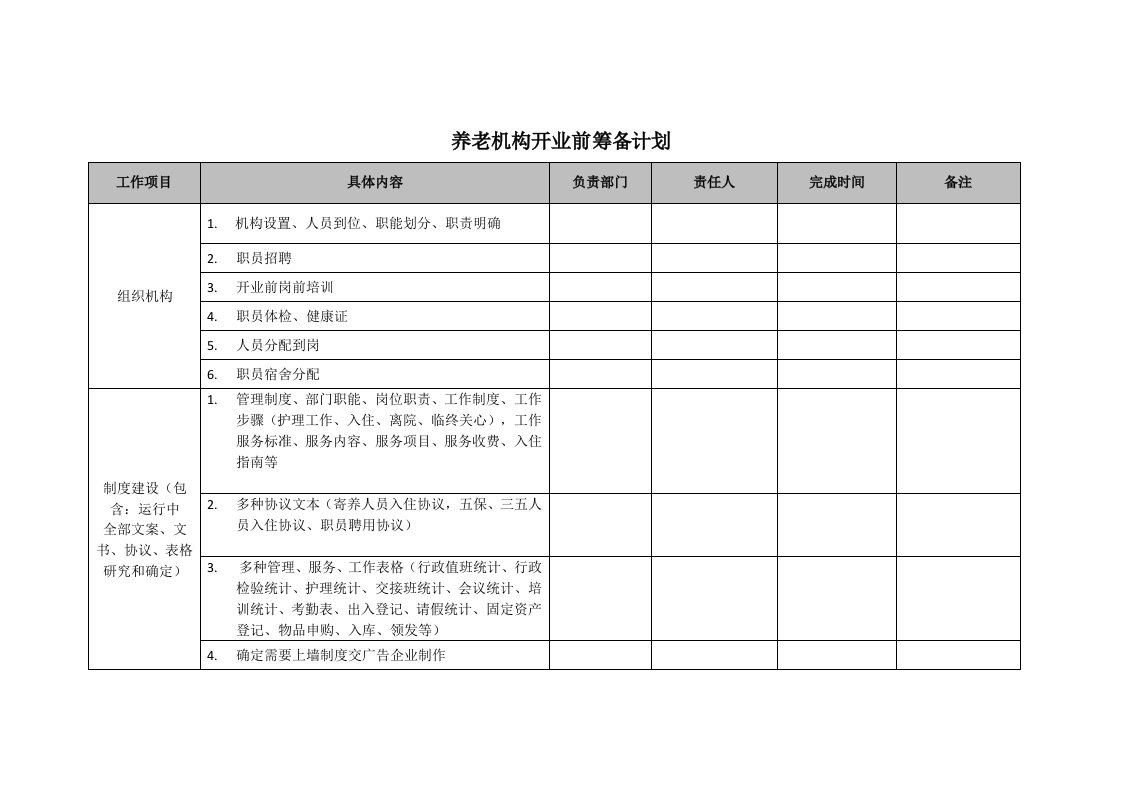 养老机构开业前筹备规划样稿