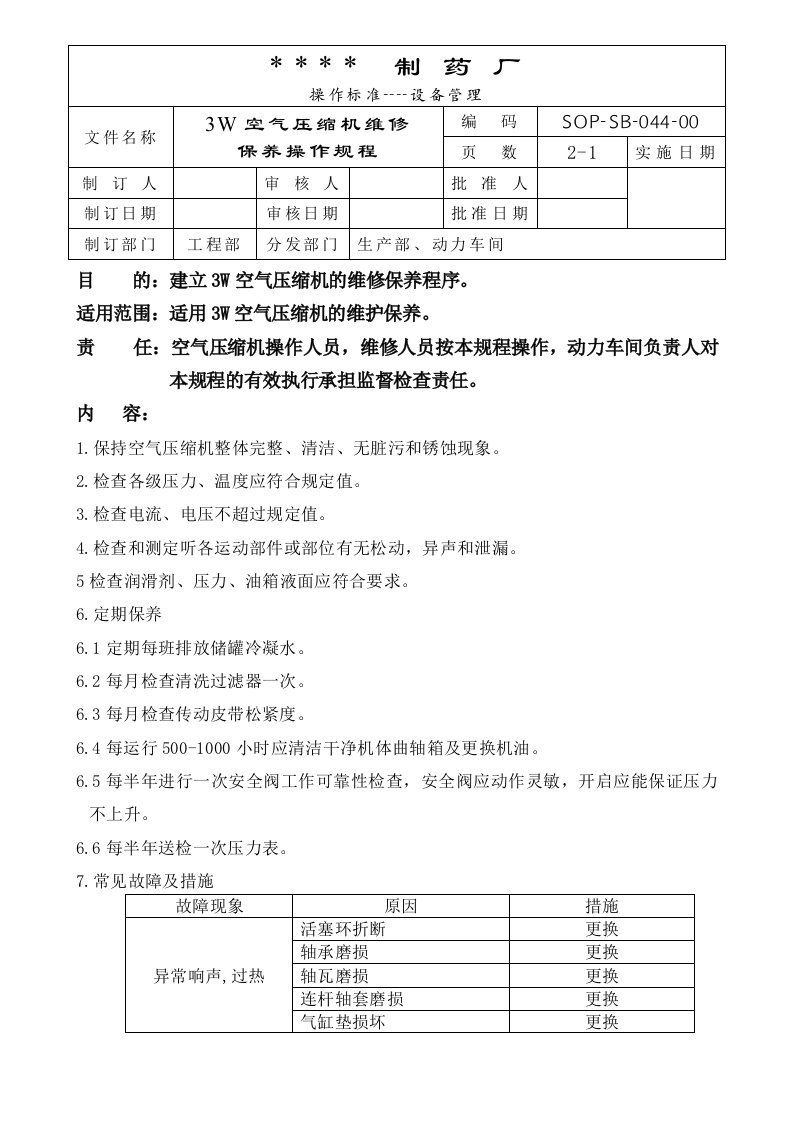 （制药）72个设备标准操作规程044-3W空气压缩机维修保养操作规程-生产制度表格