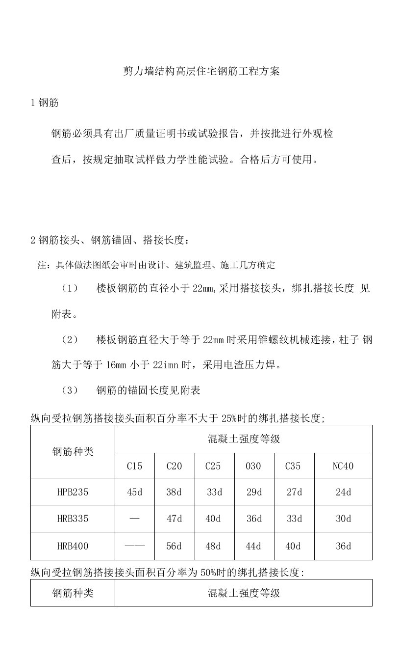 剪力墙结构高层住宅钢筋工程方案