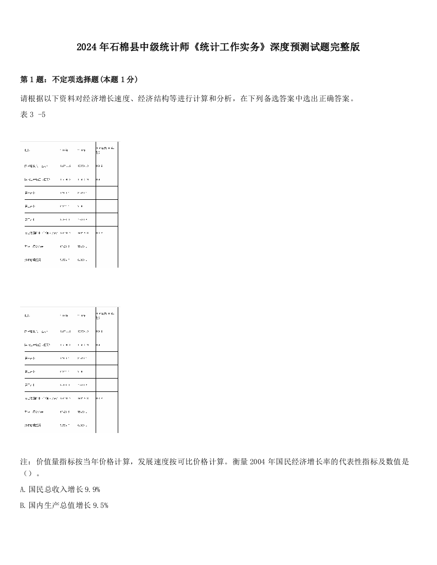 2024年石棉县中级统计师《统计工作实务》深度预测试题完整版