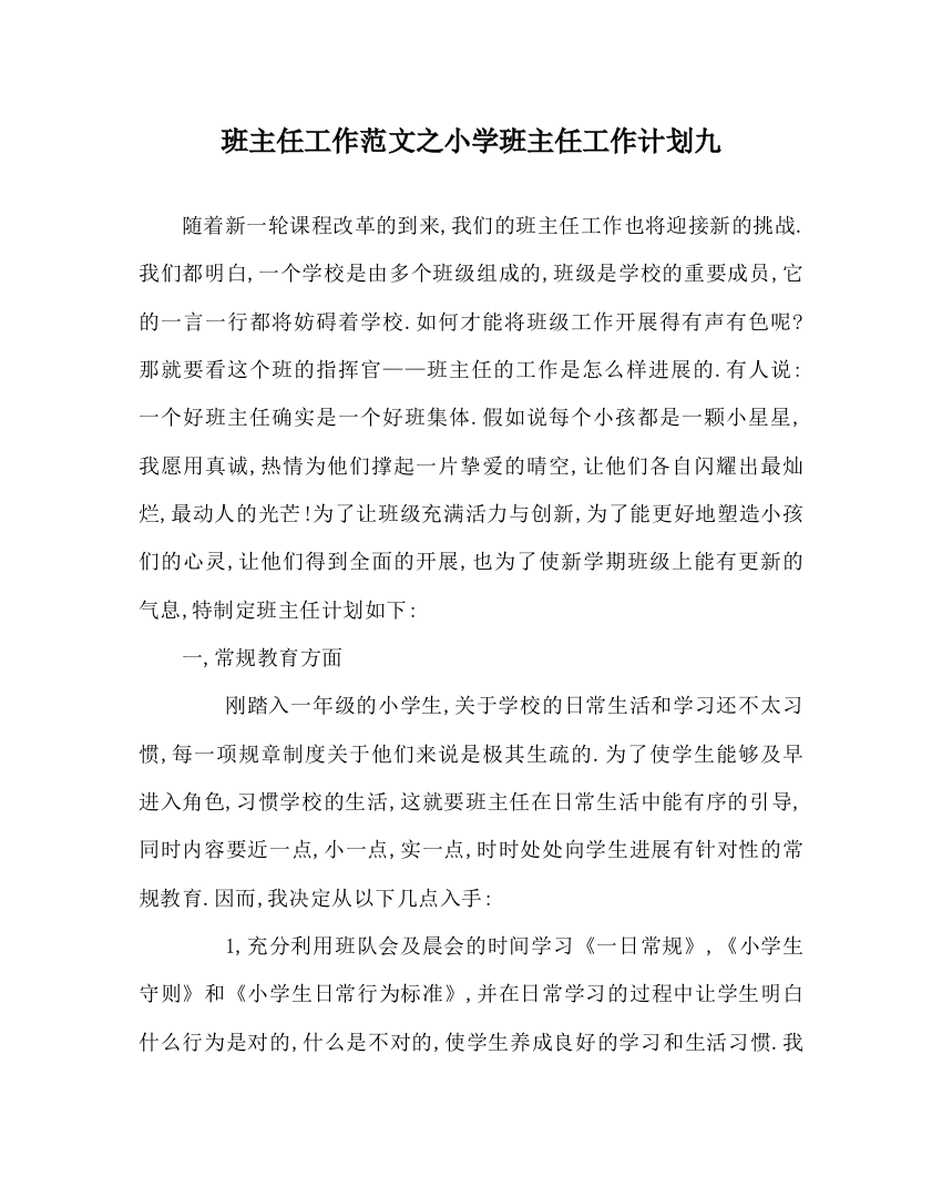 班主任工作范文小学班主任工作计划九