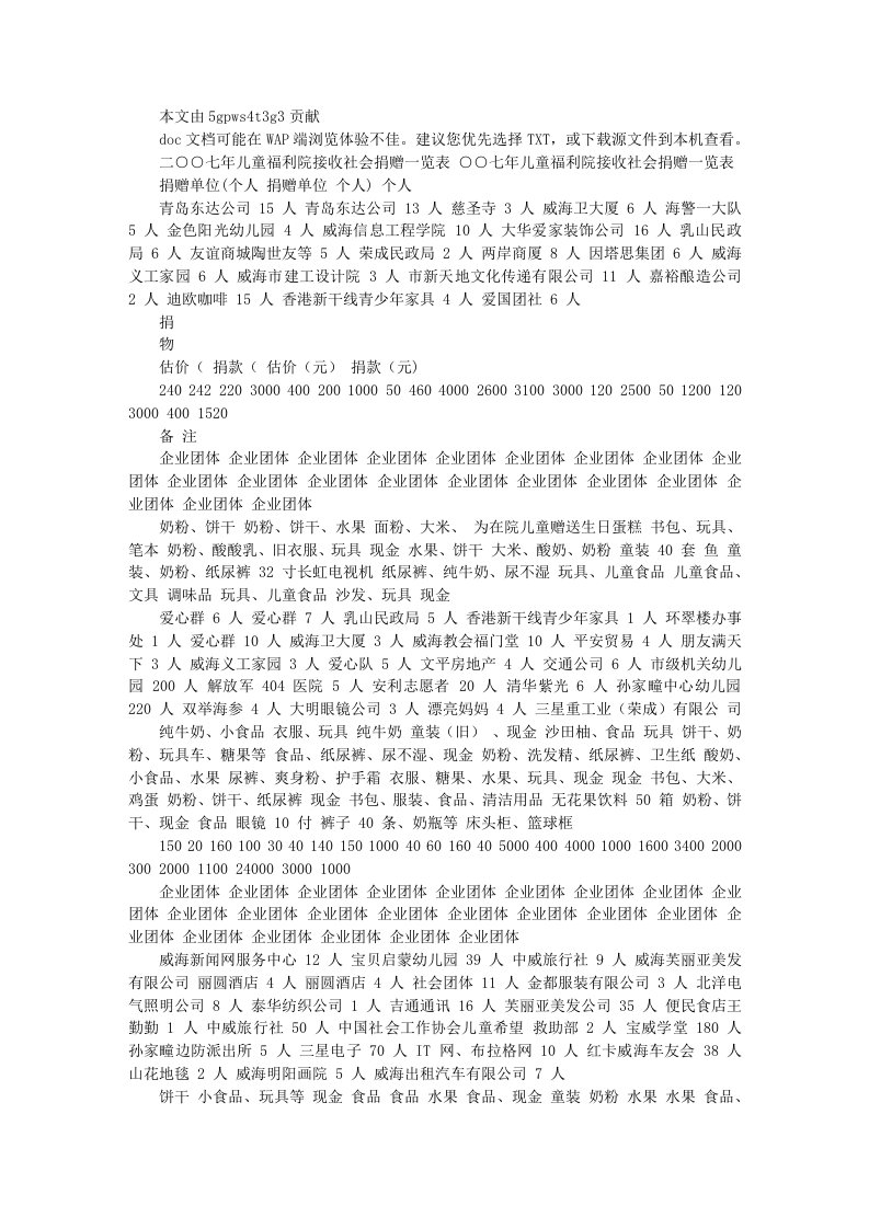 二○○七年儿童福利院接收社会捐赠一览表