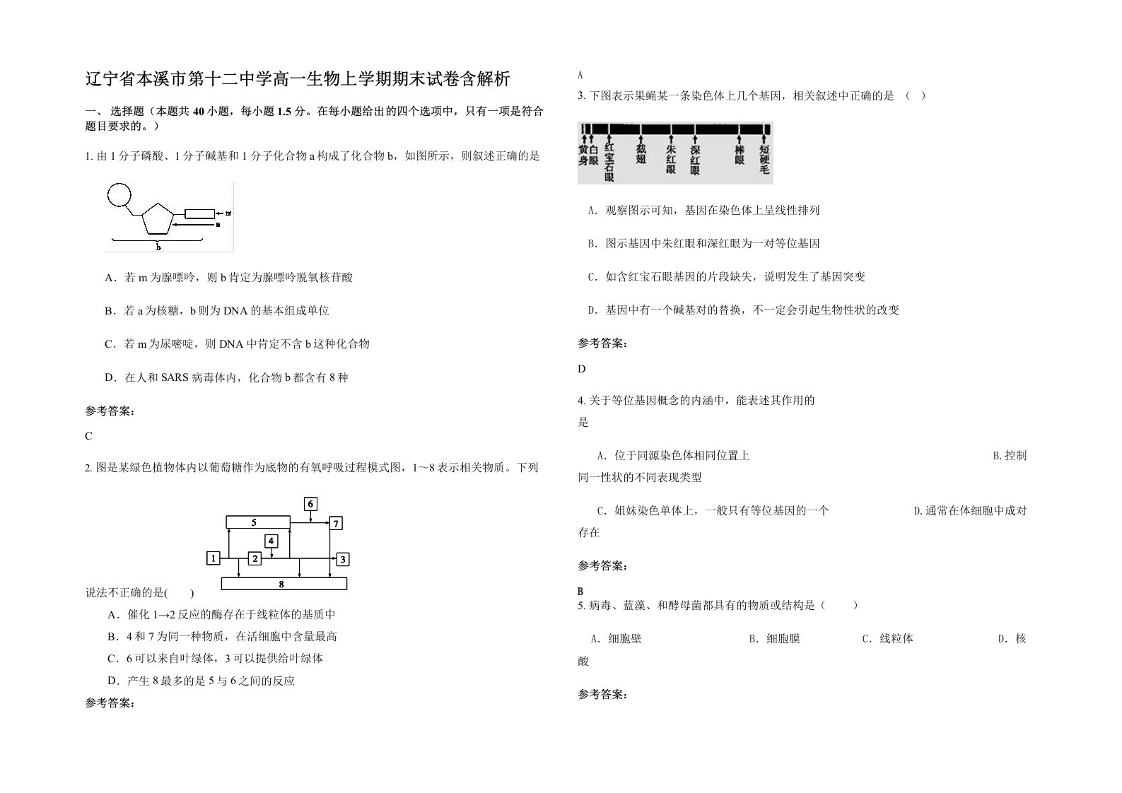 辽宁省本溪市第十二中学高一生物上学期期末试卷含解析