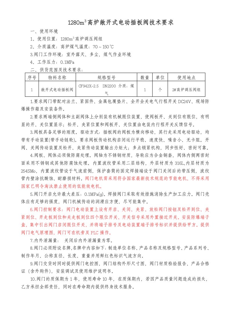 1280m3高炉敞开式电动插板阀技术要求