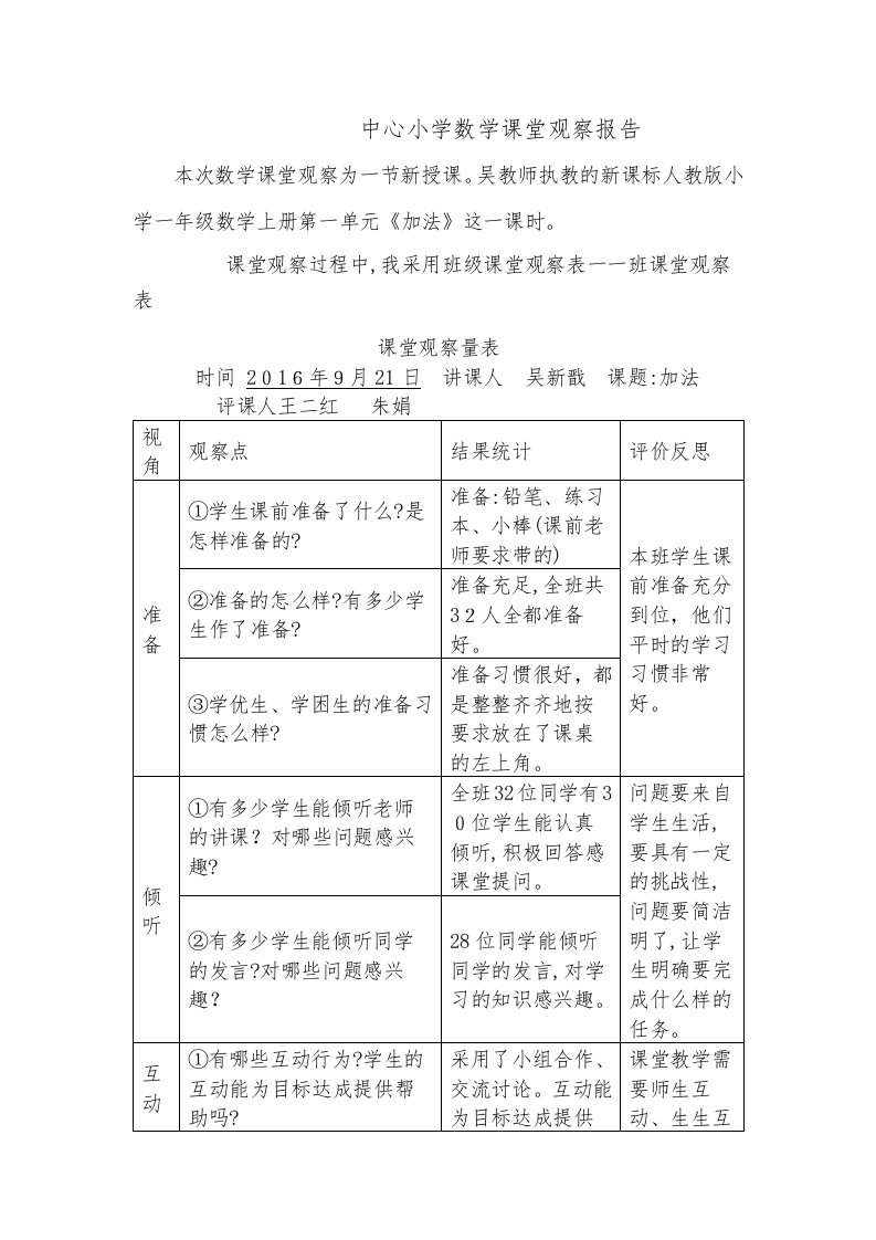 小学数学课堂观察报告