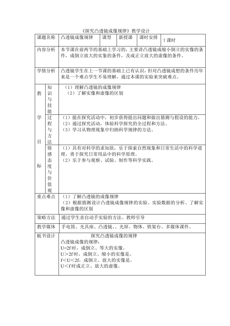 人教版八年级上物理《探究凸透镜成像规律》教学设计