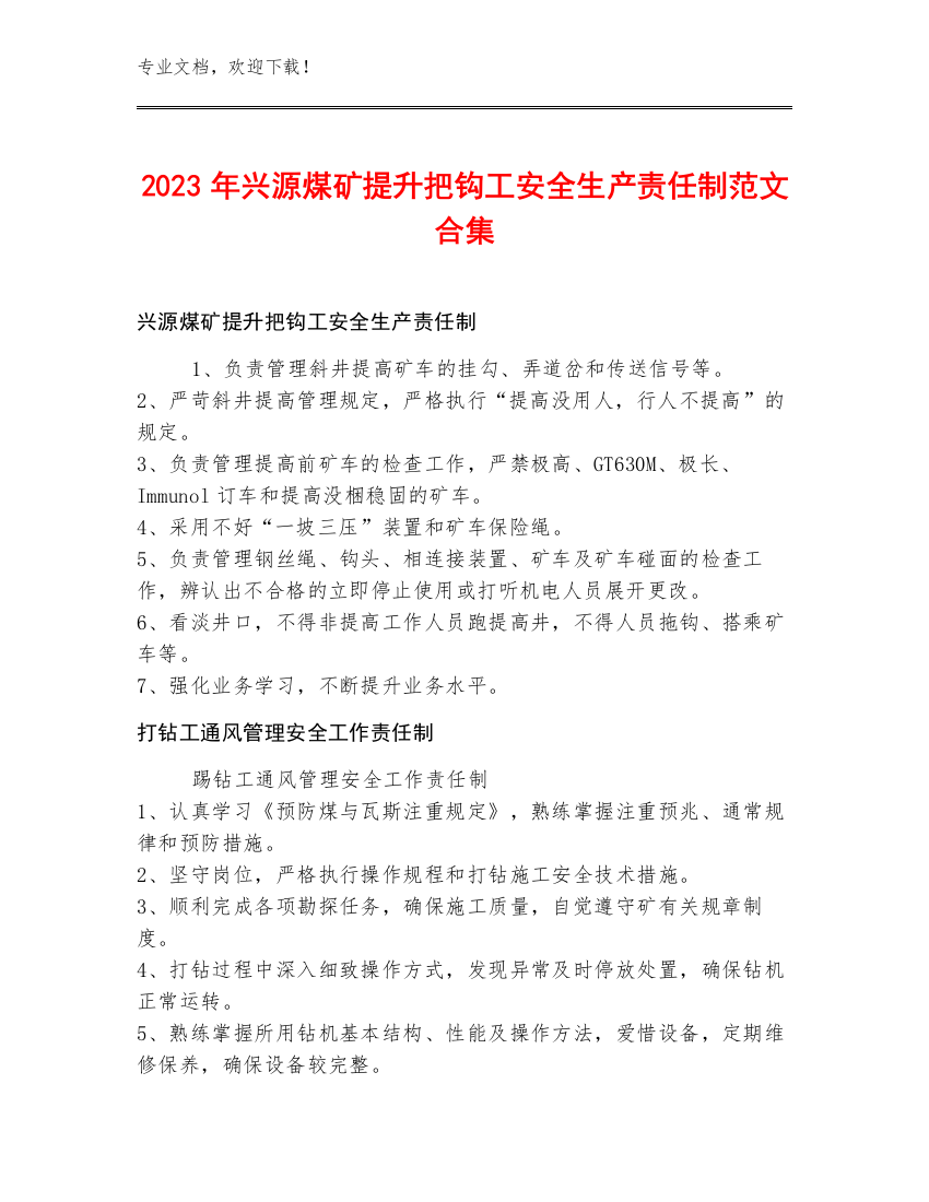 2023年兴源煤矿提升把钩工安全生产责任制范文合集