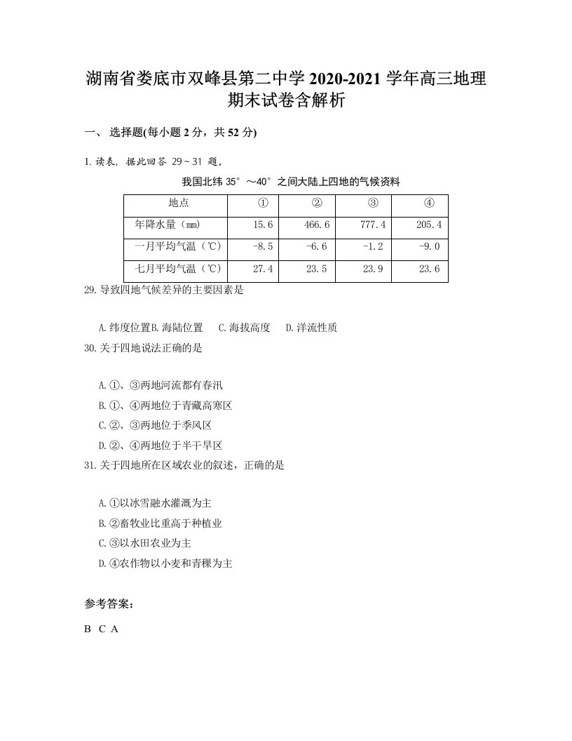 湖南省娄底市双峰县第二中学2020-2021学年高三地理期末试卷含解析