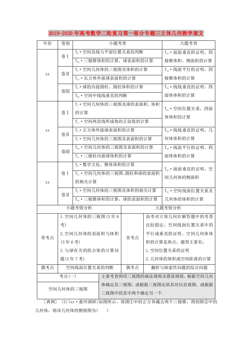 2019-2020年高考数学二轮复习第一部分专题三立体几何教学案文