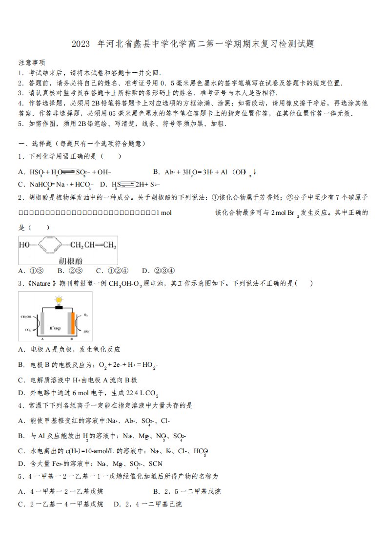 2023年河北省蠡县中学化学高二第一学期期末复习检测试题含解析