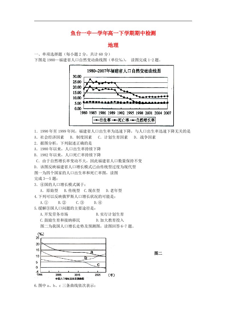 山东省济宁市鱼台一中高一地理下学期期中试题