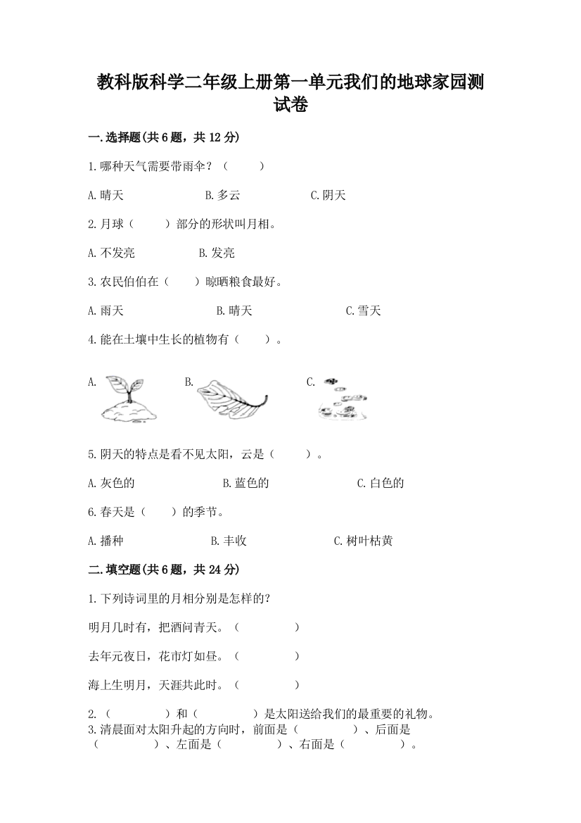 教科版科学二年级上册第一单元我们的地球家园测试卷含答案（a卷）