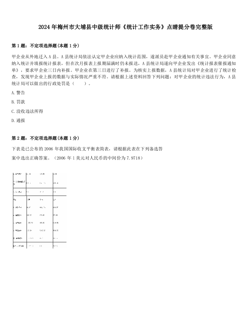 2024年梅州市大埔县中级统计师《统计工作实务》点睛提分卷完整版