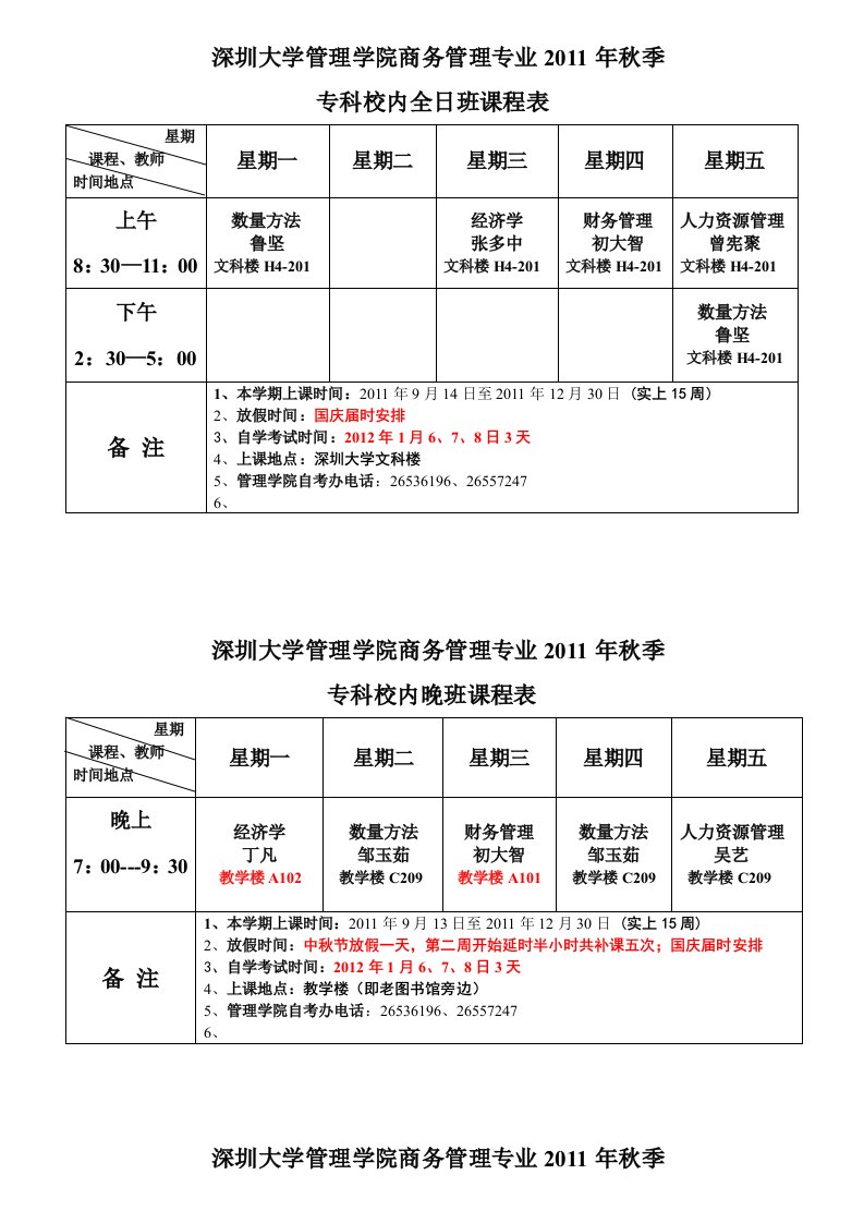 商务管理专业课程表