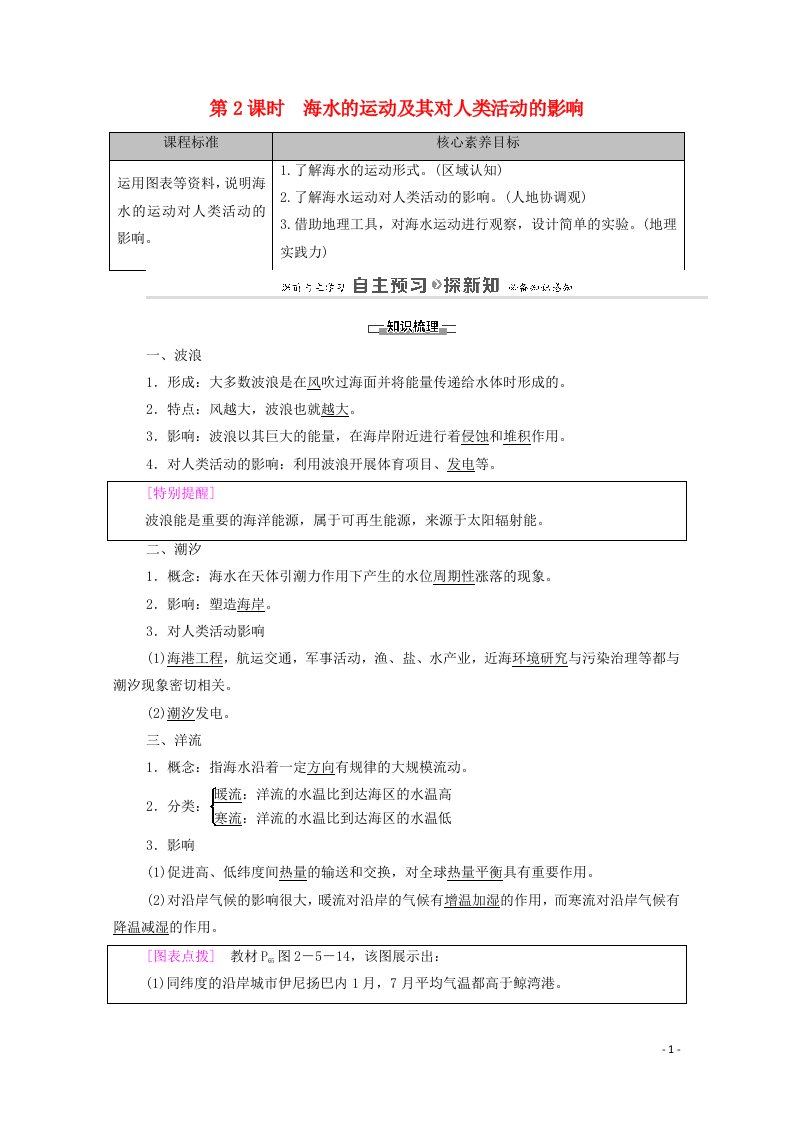 2020_2021学年新教材高中地理第二章自然地理要素及现象第5节第2课时海水的运动及其对人类活动的影响学案中图版必修第一册