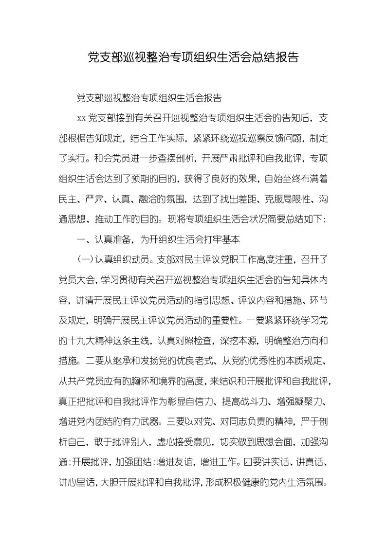 2022年党支部巡视整改专题组织生活会总结汇报