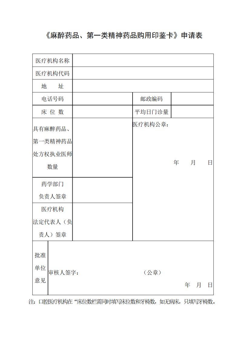 《麻醉药品第一类精神药品购用印鉴卡》申请表