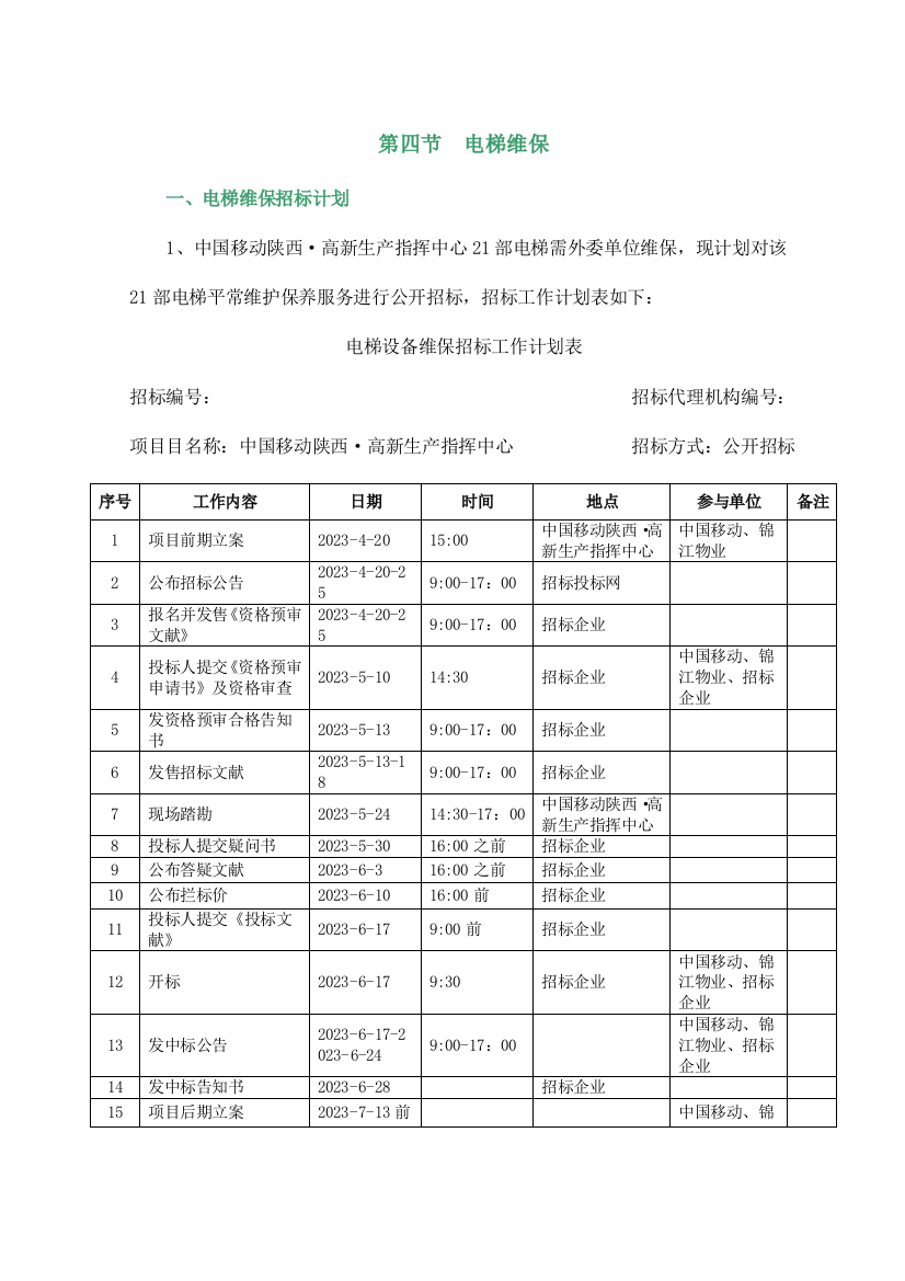 电梯维保招标方案