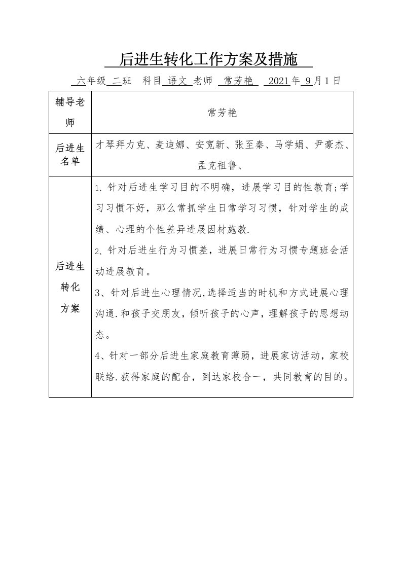 后进生转化工作计划及措施