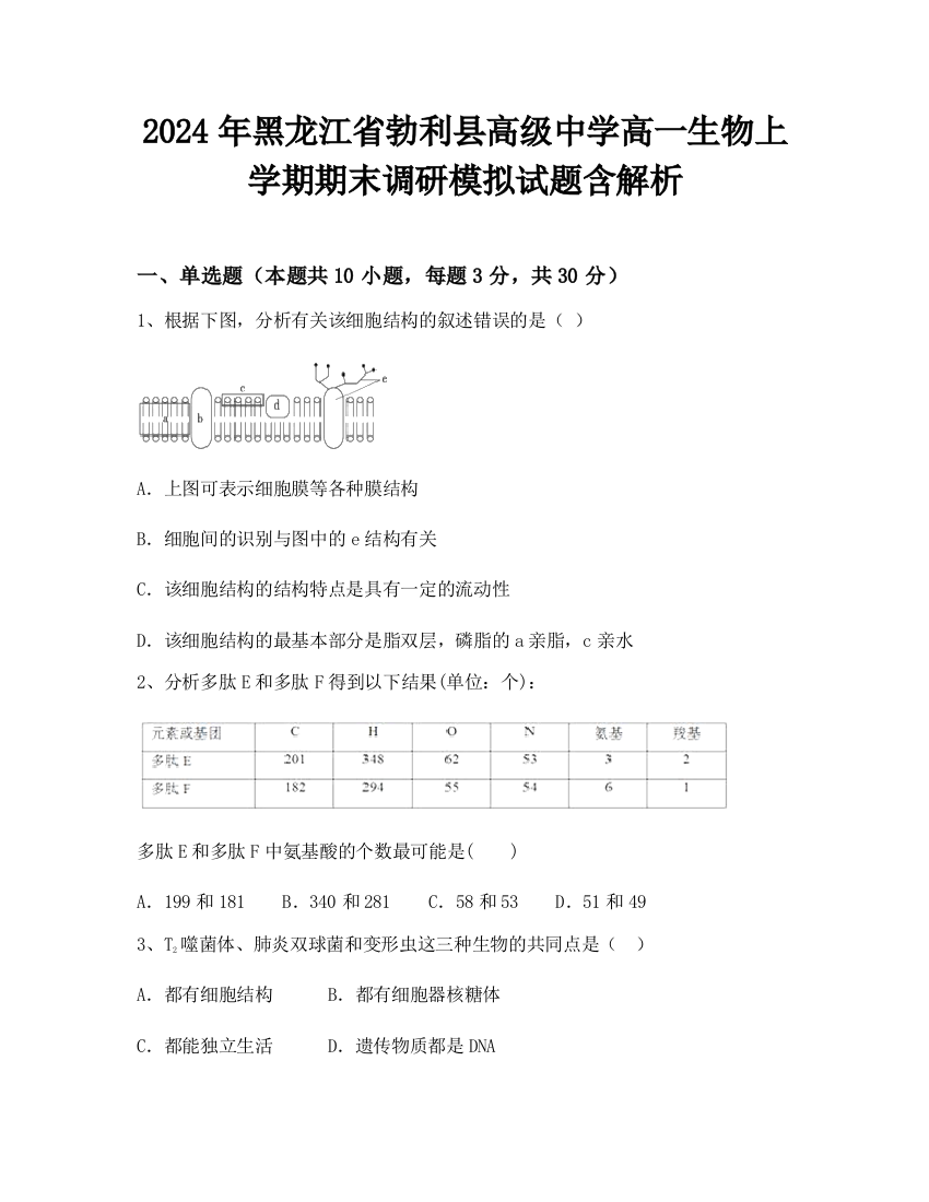 2024年黑龙江省勃利县高级中学高一生物上学期期末调研模拟试题含解析