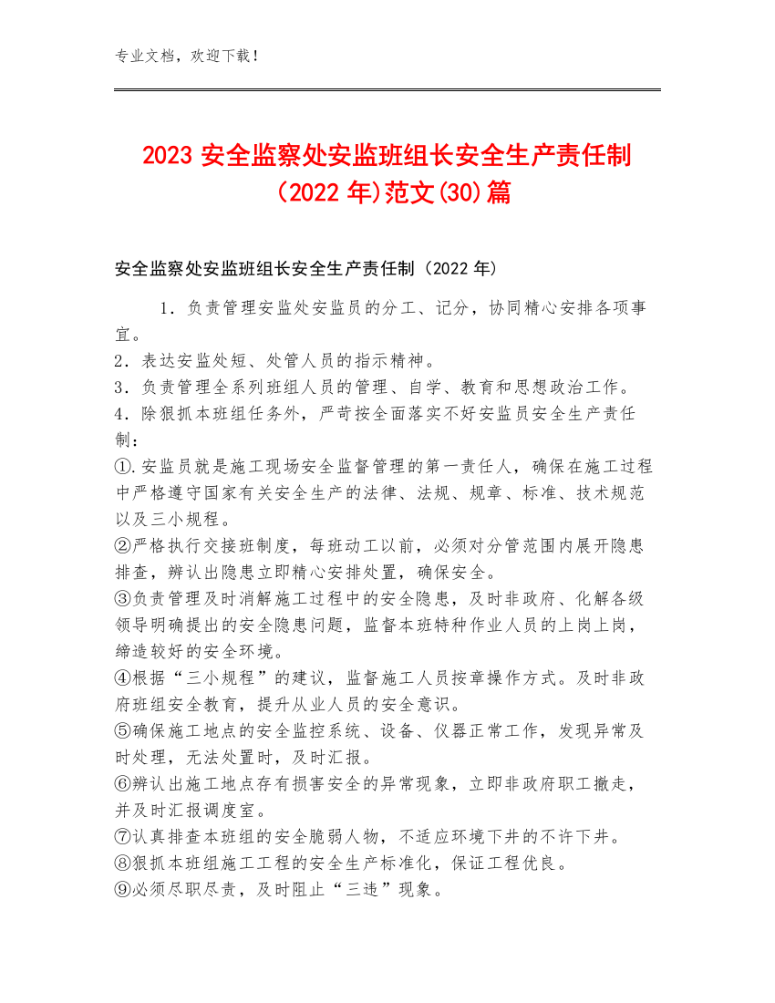 2023安全监察处安监班组长安全生产责任制（2022年)范文(30)篇