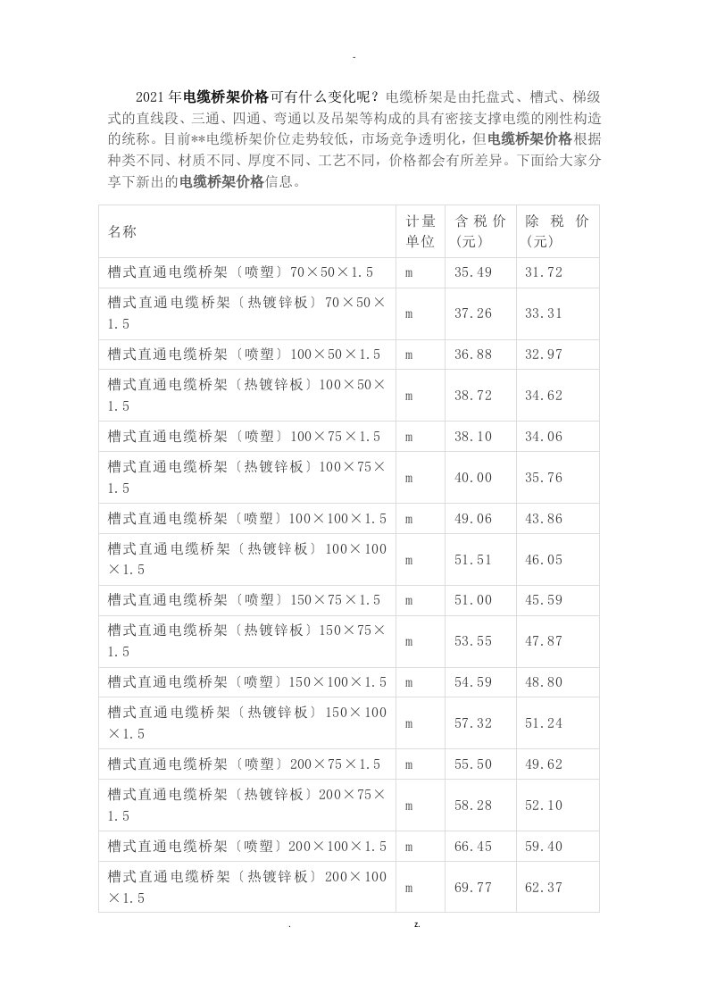 2020最新电缆桥架价格信息