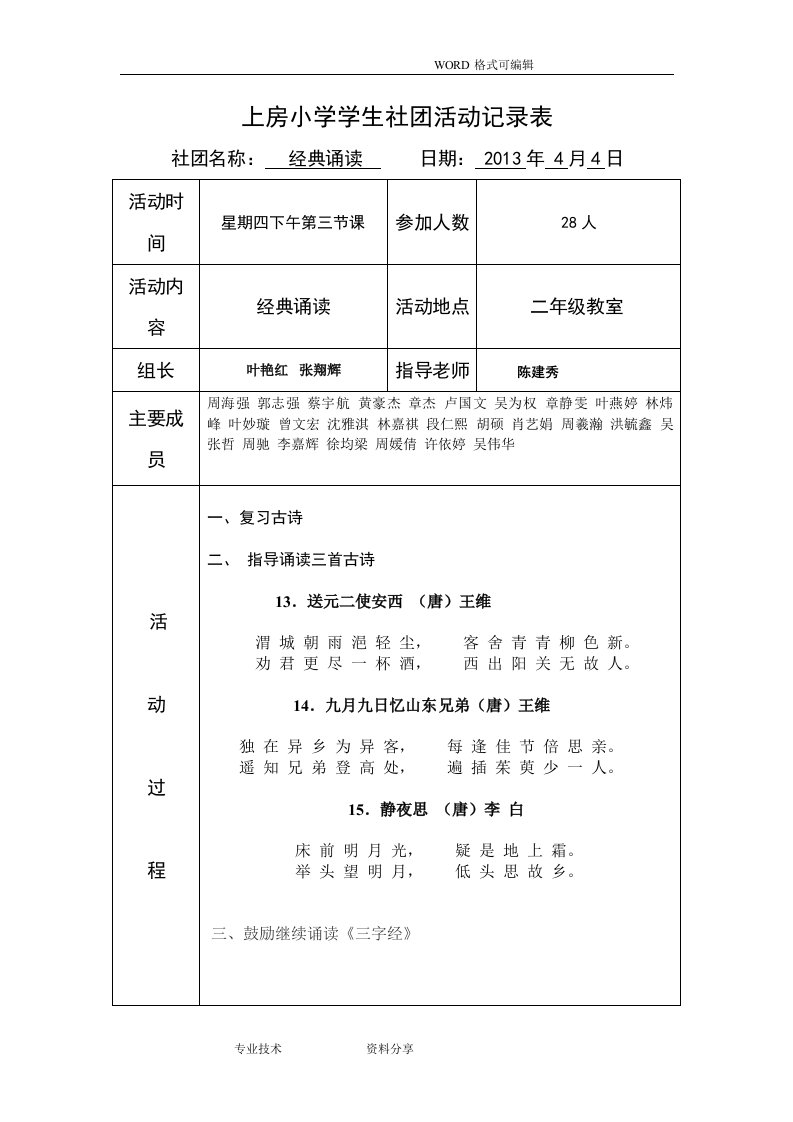 经典诵读社团活动记录文本表