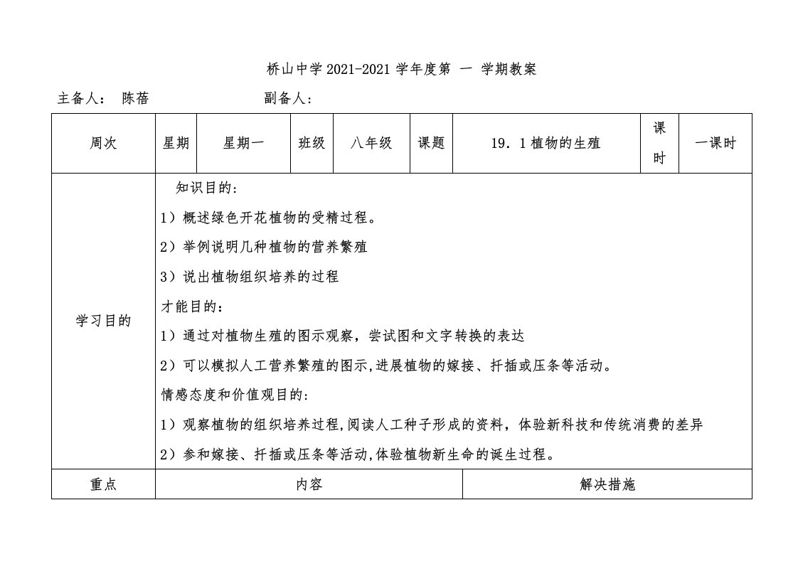 陈蓓八年级生物上册（191）教案