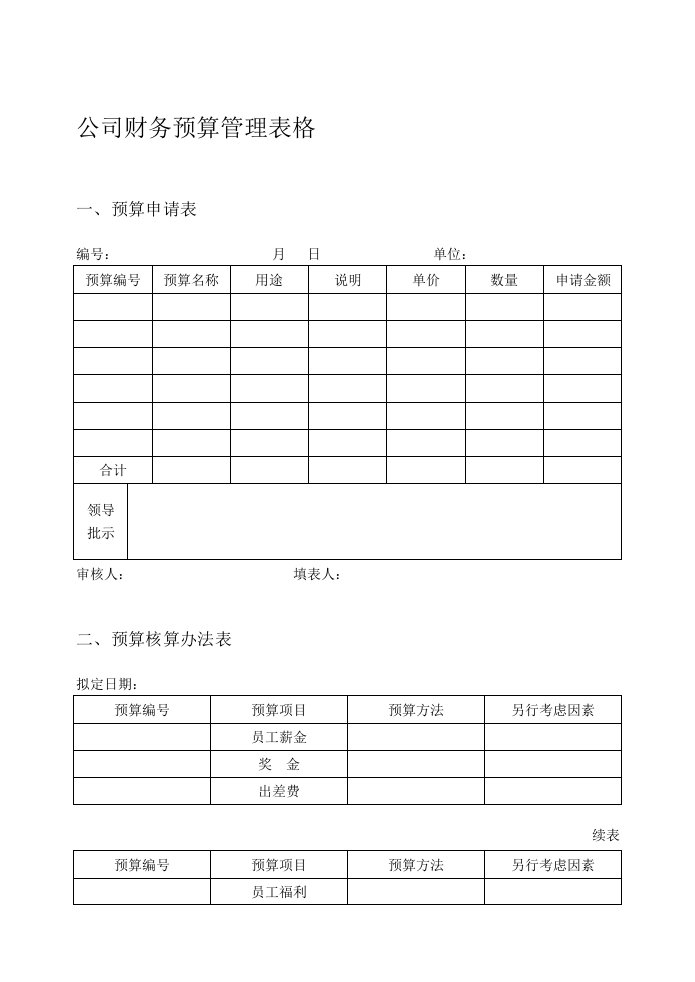 最新公司财务预算管理表格