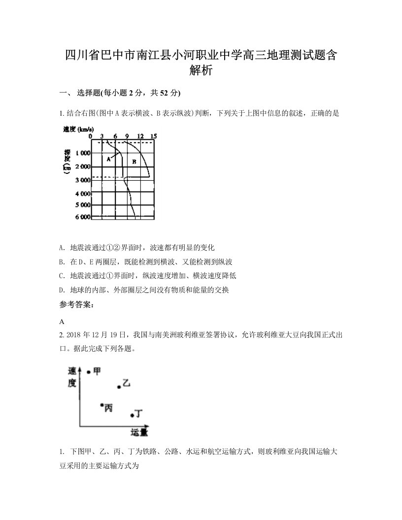 四川省巴中市南江县小河职业中学高三地理测试题含解析